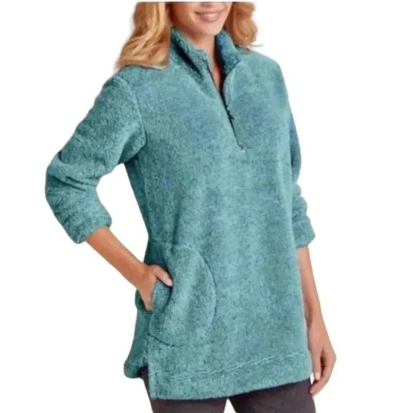 SOFT SURROUNDINGS | Luxe Faux Sherpa Pullover Jacket Teal Blue 1/4 Zip Size L - Picture 1 of 7